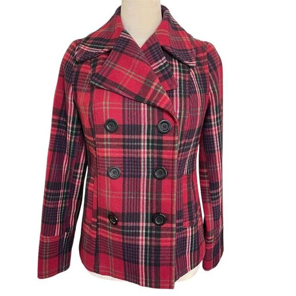 Old Navy Women's XS classic Red Plaid Wool Peacoat Mid-Length Dark academia - Picture 1 of 11
